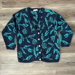 CAMBRIDGE SPIRIT VTG Floral Knit 1/2 Button Cardigan Sweater Women M Men Small